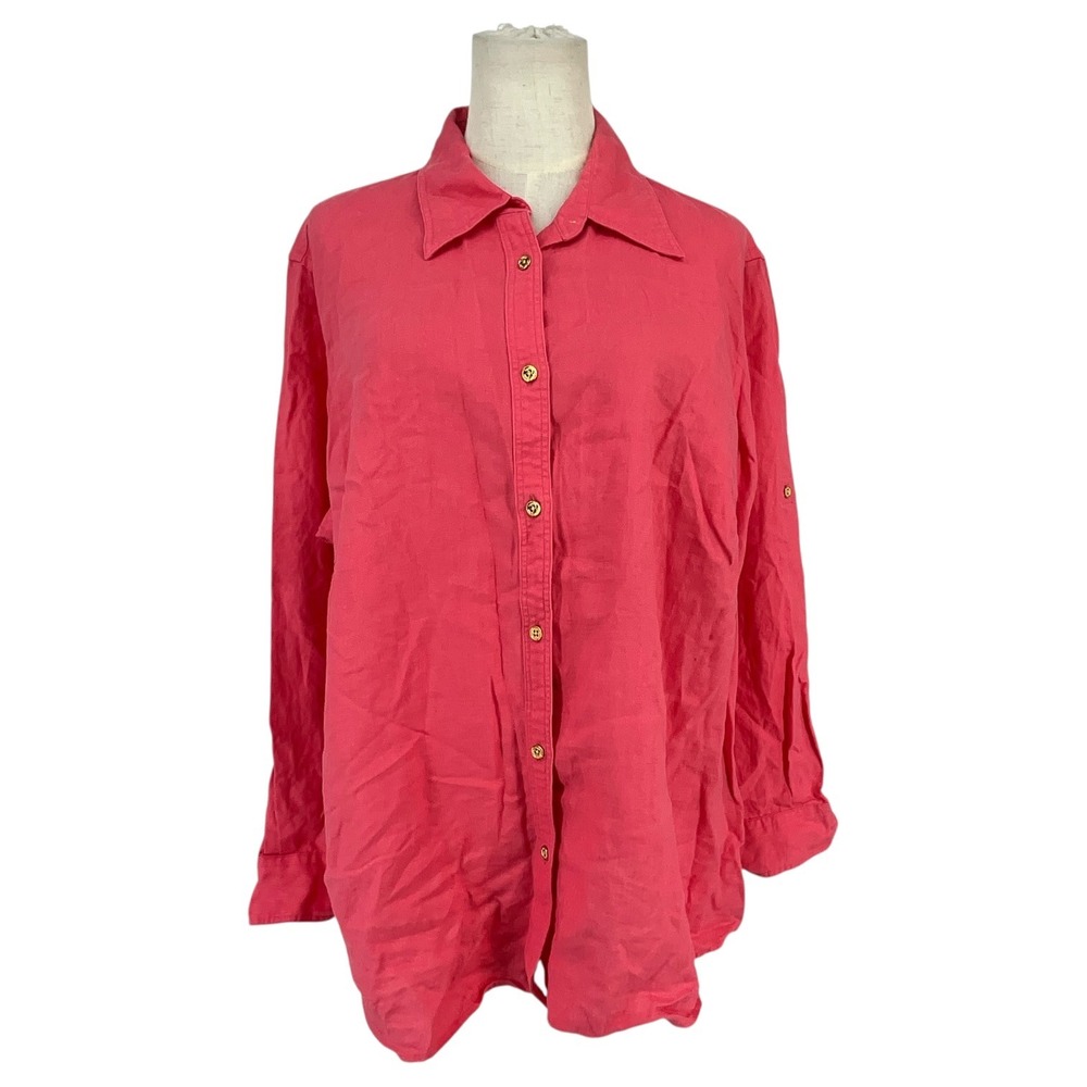 Lauren Ralph Lauren Womens 2X Coral Pink 100% Linen Roll Tab Button Down Shirt